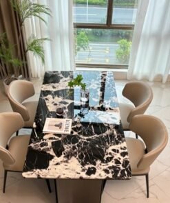 Custom made luxury stone Dining Table Stone Table Restaurant Arrival Luxury Hotel Black Leg Leather Living Room Restaurant Dining Chair Price Cheap