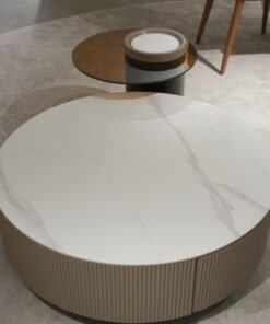 Customized 2024 High-end Modern Stone Furniture Round Stone Carved Wooden Frame Coffee Table Side Table Living Room Furniture